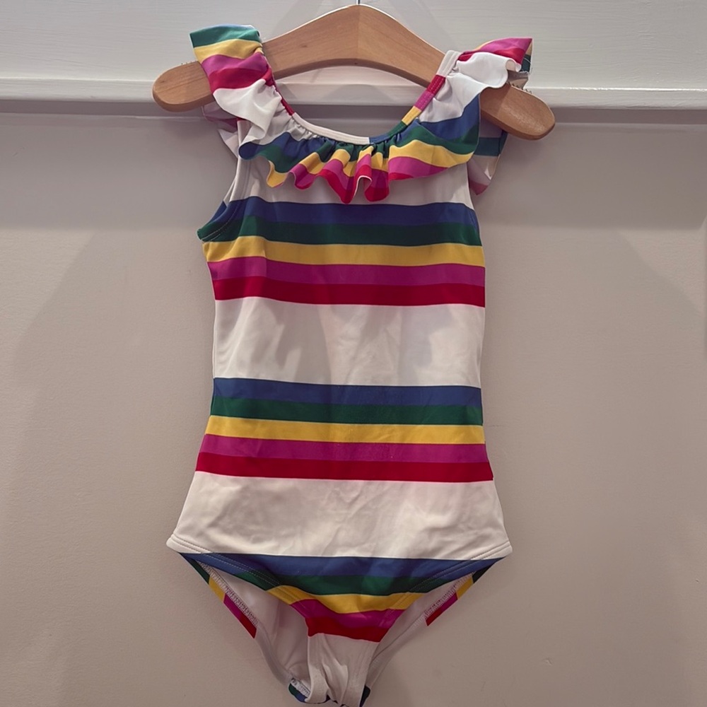 Hanna Andersson Colorful Striped Ruffle Swimsuit - size 120 (6/7)